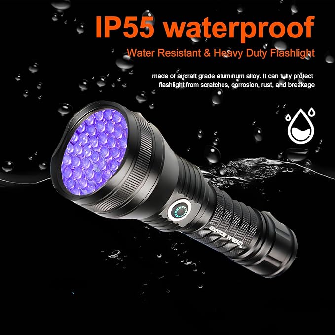 Rechargeable UV Flashlight, 51 LED 395nm Black Light, Ultraviolet Lite UV Light, Pet Urine Detector for Dog/Cat Urine, Dry Stains, Bed Bug, Resin Curing, Scorpions, Dry Pet Stains