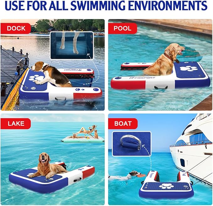 FBSPORT Inflatable Dog Boat Ramp Floating Dock Water Ladder for Pool, Boat, Non-Slip EVA Floating Ladder Pool Ramp for Dog Up to 220 LBs, Safe & Easy Access