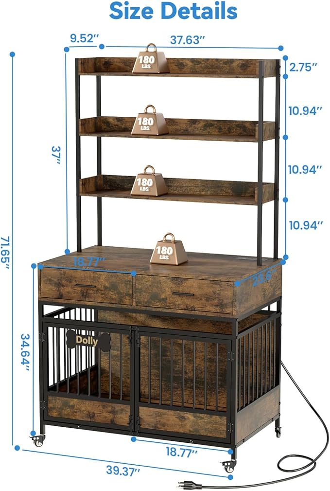 Petrova 39" Dog Crate Furniture for 1 Dogs, Heavy Duty Indoor Dog Kennel for Small/Medium Dogs, Wooden Dog Cage with 2 Storage Drawers, Charging Station, LED Light, Lockable Wheels, Brown