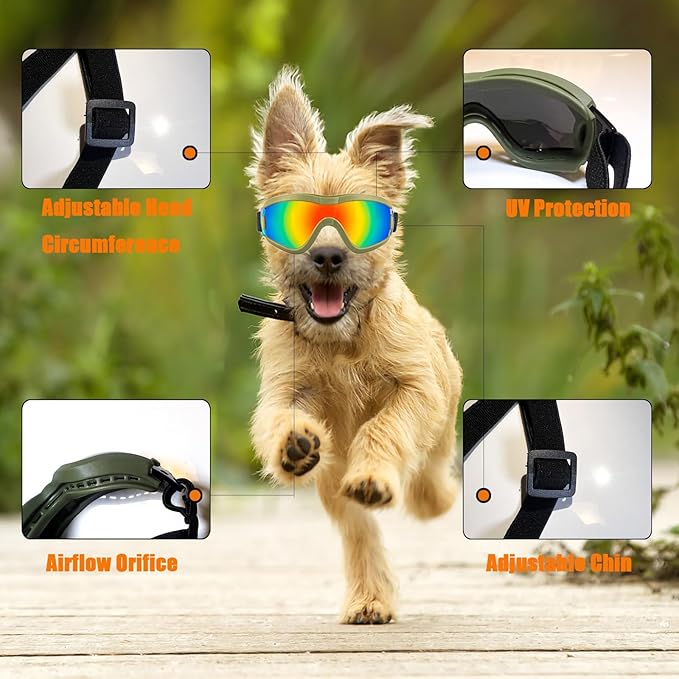 Dog Goggles Small Breed Dog Sunglasses with Adjustable for UV Protection Eyewear Doggy Doggie Puppy Glasses Anti-Fog Wind Dust Snowproof (Green Frame Red Lens)