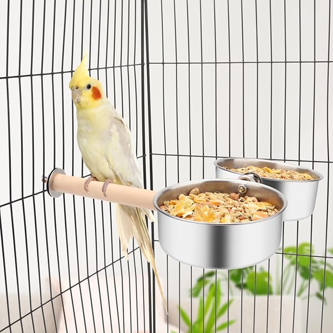 Bird Wood Stand Perch with Food Water Feeding Bowl for Parrot Parakeet Cockatiel Cage Accessories (B: Perch with 2 Feeder Bowls)