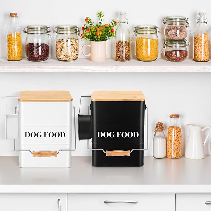 Tioncy 2 Pcs Metal Dog Food Storage Containers Total 10-14 Lbs (50 Cup) Capacity, Airtight Pet Food Canister with Bamboo Lids Scoop DIY Labels Dog Treat Storage Jars for Kitchen Counter(Black，white)
