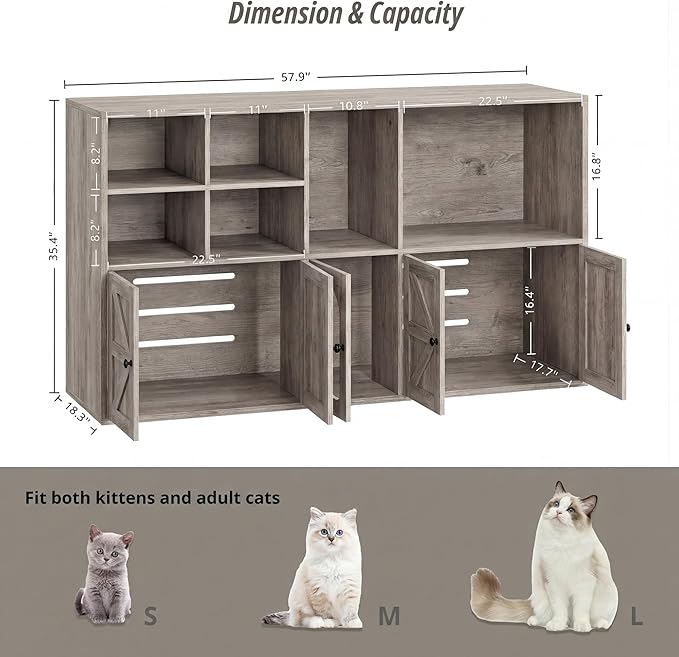 IRONCK Cat Litter Box Enclosure for 2 Cats, Litter Box Furniture Hidden with Double Room and Large Storage Space, Wooden Washroom Furniture, Cat House, Greige