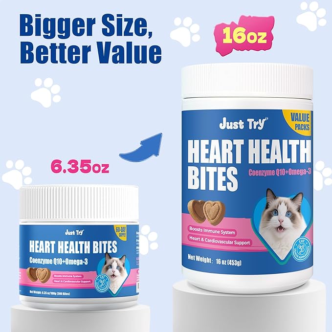 Just Try 16 OZ Coenzyme Q10 Heart Heathy Bites for Cats Value Packs - Advanced Coq10 & Taurine Supplement for Feline Heart Health - Chicken Flavored Soft Chews - Supports Heart Function
