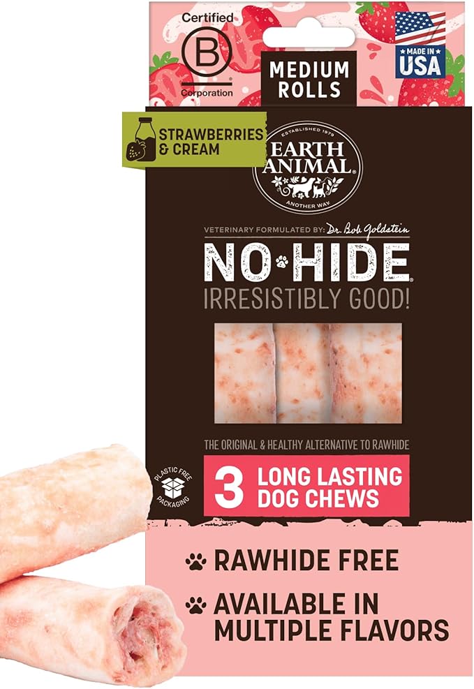 Earth Animal No-Hide Rolls Strawberries & Cream Vegetarian Recipe Medium Natural Rawhide Alternative Dog Chews, 3 Pack Value Pack