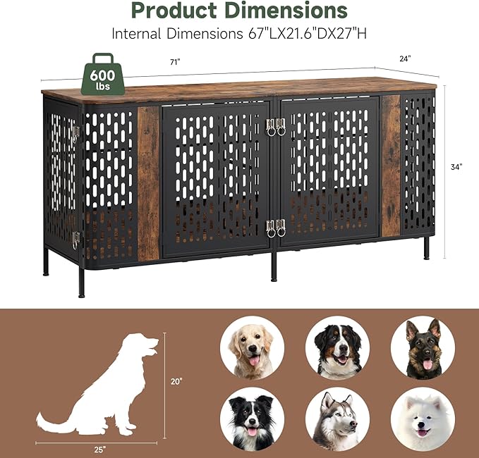 ONBRILL 71” Large Dog Crate Furniture for 1 or 2 Dogs,Large Double Dog Cage with Removable Divider,Heavy Duty Wooden Dog Crate As TV Stand with Steel Frame,Brown