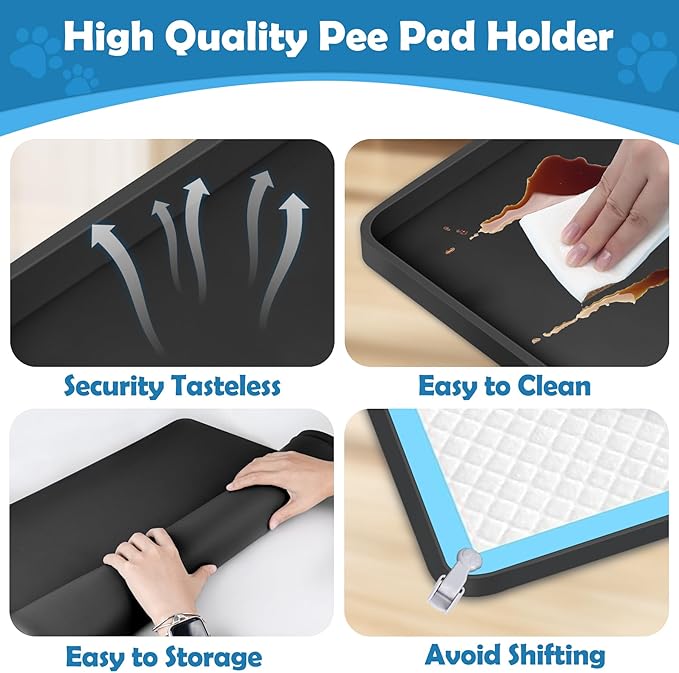 Dog Pee Pad Holder, Dog Potty Tray Silicone Puppy Pad Holder Tray Fits for 24" x 24" Training Pads, Puppy Potty Tray With 4 Clamps and No Spill Raised Lip High Edge for Indoor Floor Protection (Black)
