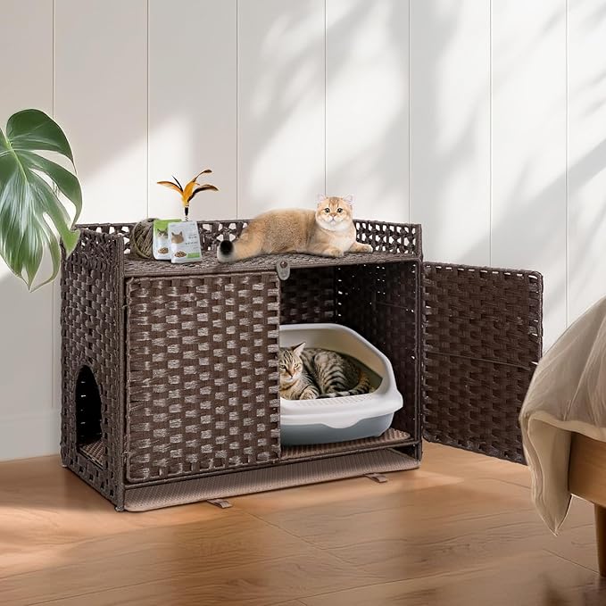 Hidden Cat Litter Box Furniture Enclosure – Handwoven Rattan Pet House with Removable Mat, Large Indoor Cat Litter Box with Elevated Metal Feet (30.3x18.2x24.5in), Modern Design for Living Room,Brown