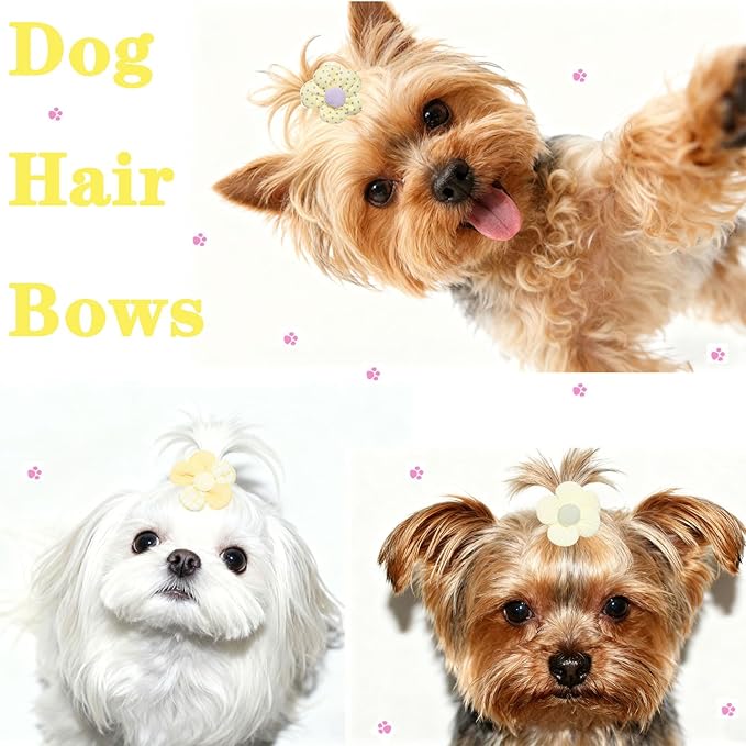 20 Pcs Handmade Cute Puppy Hair Bows, Flower Bowknot with Rubber Bands for Small Dog Hair Ties Accessories Light Yellow
