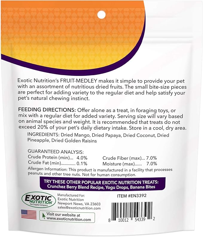 Fruit Medley Treat - Healthy Natural Dried Fruit Treat - Sugar Gliders, Squirrels, Chinchillas, Prairie Dogs, Opossums, Marmosets, Monkeys, Parrots, Birds, Rabbits, Guinea Pigs & Small Pets (4 oz.)