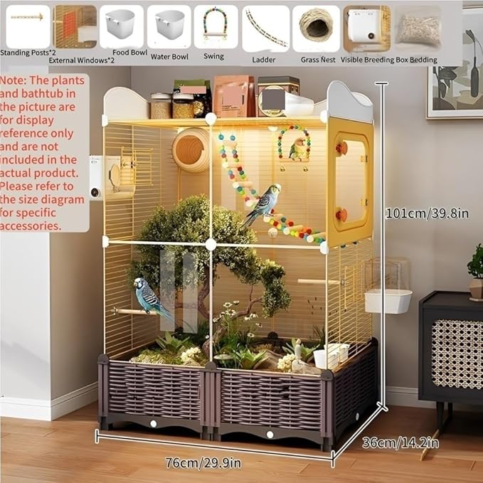 Parakeet Cage with Clear Front, Decorative Flight Birdcage with Accessories, Bird Cage for Cockatiels, Budgies, Finches, Canaries(White)