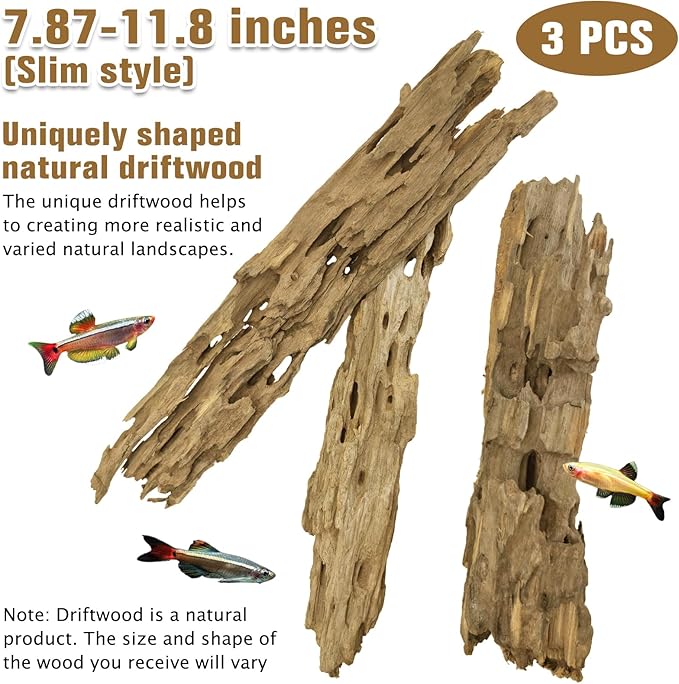 PINVNBY Natural Driftwood for Aquarium Large Reptile Terrarium Decor Decorations Assorted Branches Dearded Dragon Tank Accessories (Slim Style: 7.87-11.8 inches/3 Pack)