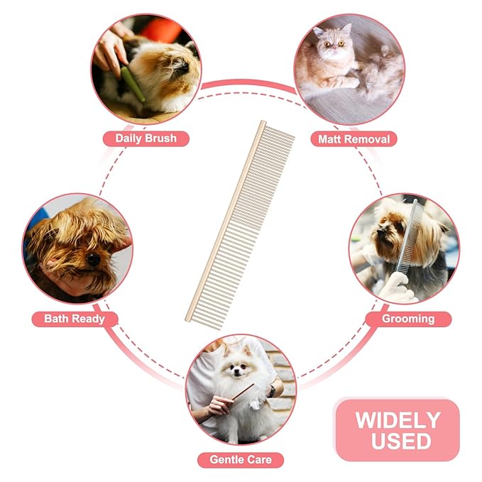 Dog Cat Comb, Pet Combs Stainless Steel Teeth with Rounded Ends for Knots Mats Loose Hair Removal, 6.5/7.5IN (Gold Coated, 2 Pack), Grooming Tool Intended for Long Curly Hair Pet