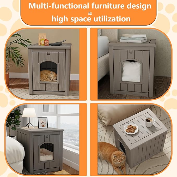 Cat Litter Box Enclosure, Waterproof Resin Hidden Litter Box Furniture Side Table with Openable Front Door for Small Pets, Indoor & Outdoor Use (Grey)