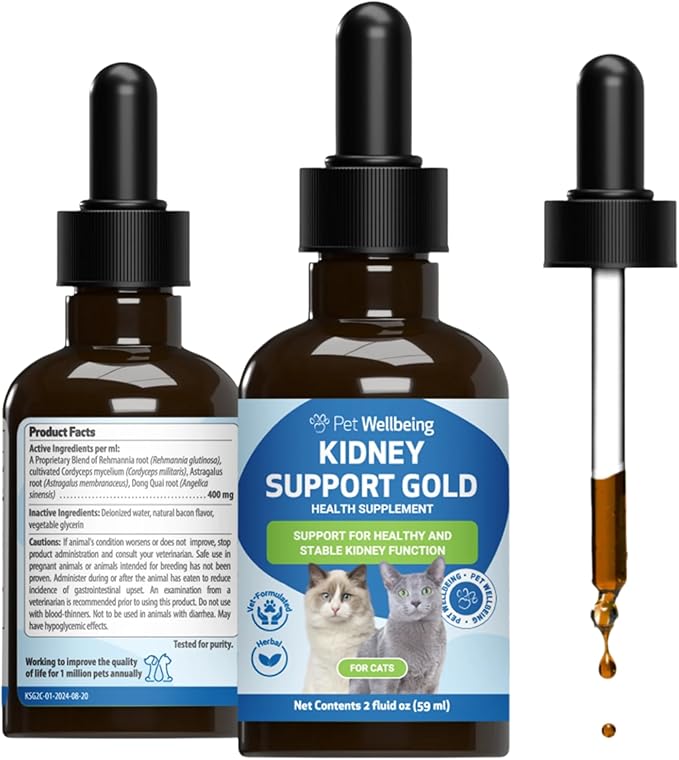 Pet Wellbeing Kidney Support Gold for Cats - Supports Normal Kidney Function & Detox, Healthy Hydration & Energy with Rehmannia & Dong Quai - NASC Certified & Vet-Formulated - 2oz Liquid Formula
