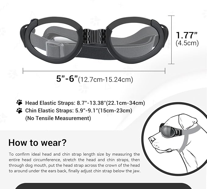 PETLESO Dog Goggles Medium Breeds, Clear UV Protection Dog Sunglasses with Black Replaceable Lenses, Adjustable Doggy Glasses for Outdoor Activities Hiking/Camping Windproof Pet Eyewear