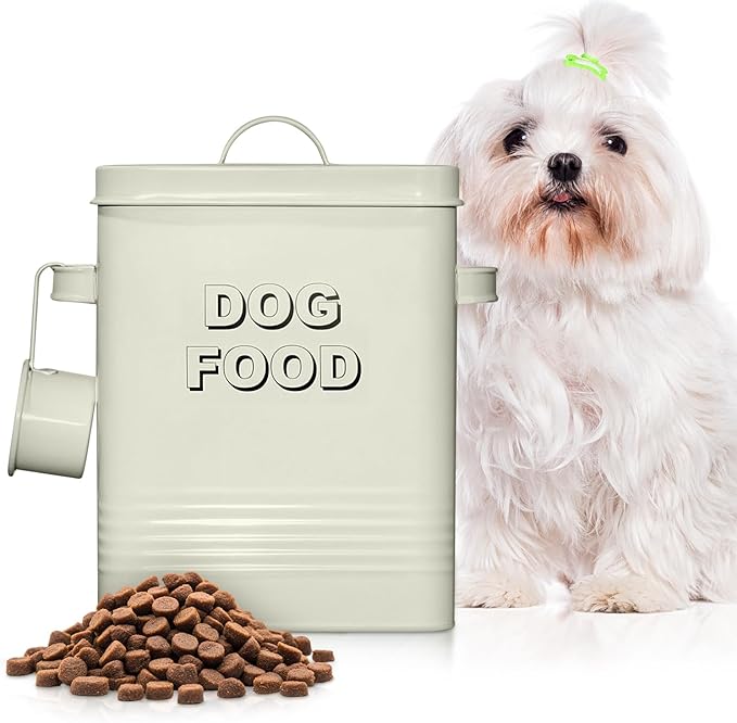 Plexon Metal Dog Food Storage Container with Scoop - Small Dog Food Container Holder Treat Jar Bin with Lid - Pet Chow Storage Canister Tin, 1.5 Gallon, 7 lbs, Off-White
