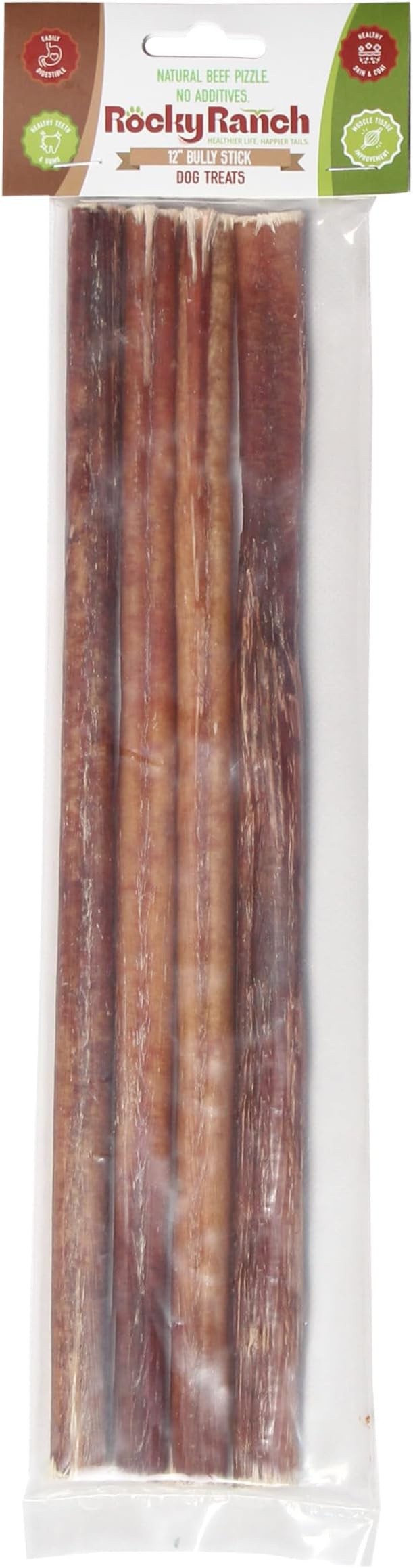 Rocky Ranch, 12" Dog Bully Sticks, Beef Flavor, 5.68 oz, Adult Dog, Natural Chew Treats, Dental Care, High Protein, 4 Count. No Additives