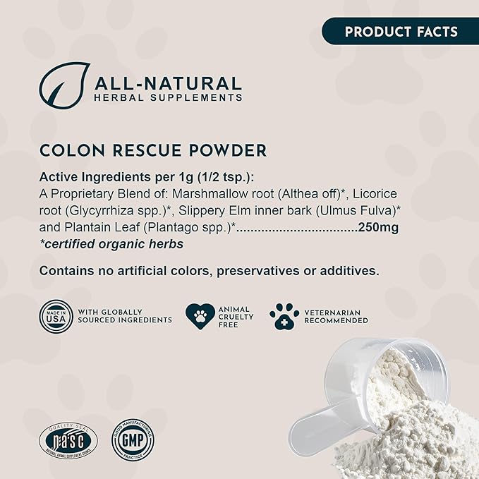 Animal Essentials Colon Rescue Powder - Herbal Digestive Aid for Dogs & Cats, Phytomucil, Healthy Gastrointestinal Tract, Certified Organic Herbs, No Preservatives, Glycerin-Based Formula - 1 Oz