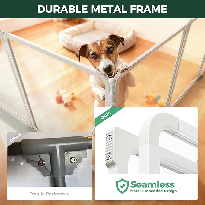 FXW AuraSpace Pro Metal & Acrylic Indoor Dog Playpen, All-Acrylic Clear Heavy-Duty Design, 24" Height 6 Panels for Puppies & Small Dogs, White│Patented