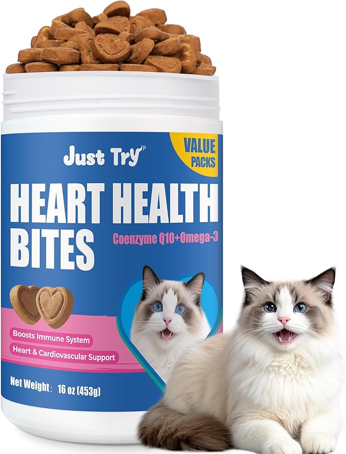 Just Try 16 OZ Coenzyme Q10 Heart Heathy Bites for Cats Value Packs - Advanced Coq10 & Taurine Supplement for Feline Heart Health - Chicken Flavored Soft Chews - Supports Heart Function