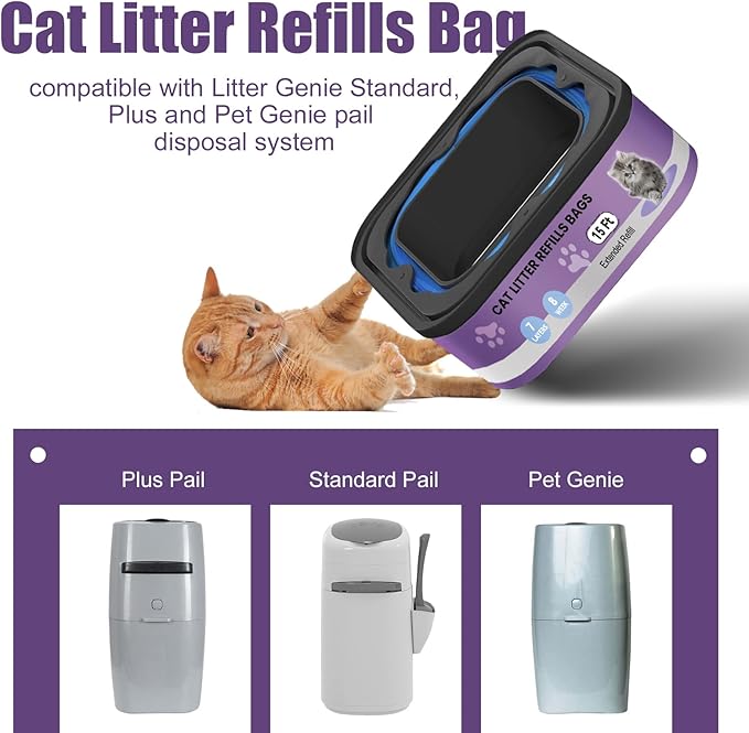Litter Refill Bags Cartridges Compatible with Litter Genie – Extra Thick Leak-Proof Cat Waste Liners, Strong Odor Control, Tear-Resistant Easy Replace Refills，4 Pack