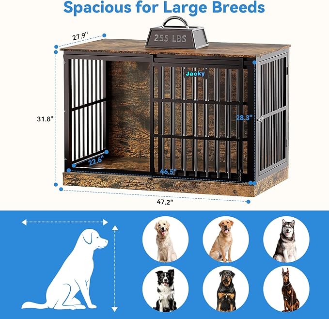 Petrova 47" Dog Crate Furniture for 1 Dogs, Heavy Duty Indoor Dog Kennel for Medium/Large Dogs, Wooden Dog Cage with Sliding Barn Door, Name Tag, Rustic Brown