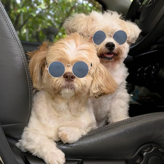 10 Pieces Cat Dog Sunglasses Funny Pet Glasses Round Metal Small Classic Retro Sunglasses Pet Hippie Cute Dog Cat Cosplay Party Costume Photo Props Cosplay Glasses(Grey)