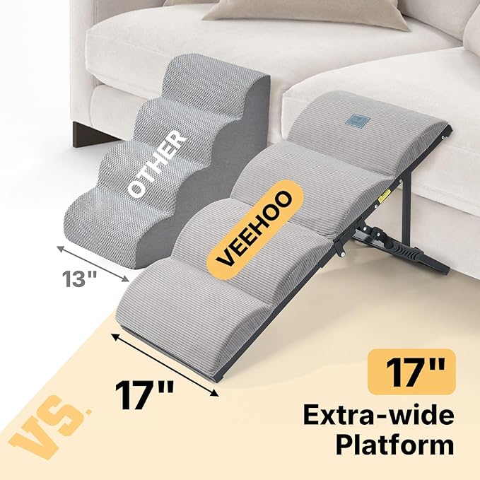 Veehoo Dog Ramp for Bed Couch Height Adjustable from 12" to 20", Foldable Stairs for Dogs to Get on Bed 17" Extra Wide, Portable Pet Doggie Steps Indoor with Non Slip Pad, Support up to 150 lbs