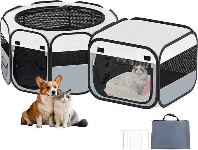 Vikua Portable Pet Cat Playpen, Foldable Dog Playpen for Indoor and Outdoor Use, Two in One Pet Playpen for Puppies Medium-Sized Dogs Kittens Travel Camping Use, Cat Tent & Houses