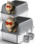 Stainless Steel Cat Litter Box, Metal Litter Box with Scoop, High- Sided, Anti-Leakage Top Entry, Non-Sticky, Easy to Clean, Grey, XL (2 Pack)