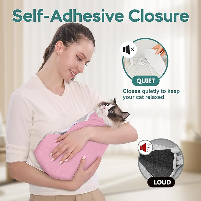 Self-Adhesive Cat Grooming Wrap, Cozy Cat Wrap for Cutting Nails, Breathable Anti-Scratch Cats Swaddle Bag for Brushing, Ear Cleaning, Dental Care, Medication, Injections, Pink S