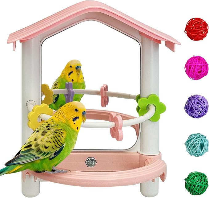 kathson Bird Mirror with Plastic Perch and 5PCS Colorful Rattan Balls Parakeet Hanging Swing with Mirror Interactive Toy Bird Cage Accessories for Cockatiel Parrot Conures Cockatoo Finch(Pink)
