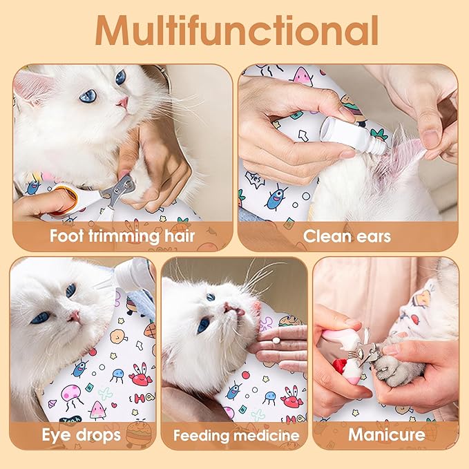 Cat Grooming Wrap for Cutting Nails, 27.5 * 27.5in Self-Adherent Cat Scratching Blanket for Nail Clipping Ear Cleaning Teeth Brushing Cats Anti-Scratch/Escape Swaddle Restraint Bag (White)