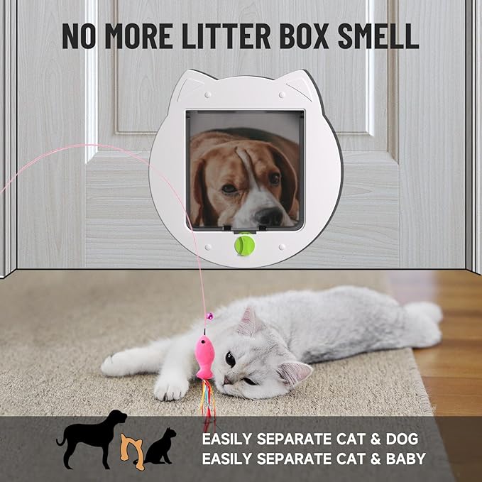 Cat Flap Door for Kitties, 4 Way Locking Pet Door for Interior Exterior Doors, Kitty Door, Indoor, Secured Installation in Minutes（White）