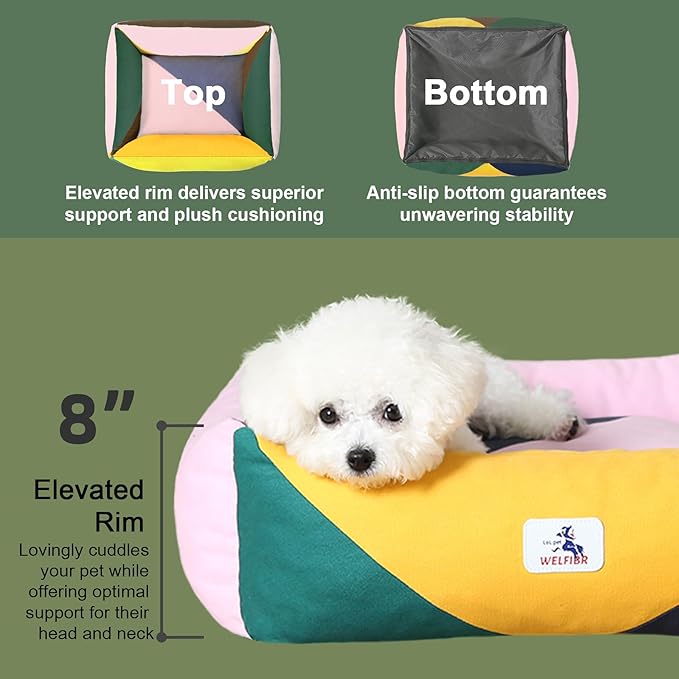 Washable Rectangle Dog Bed with Removable Cover, Color-Block Gingham Cotton Puppy Sofa, Breathable Scratch Resistant Pet Bed, Small