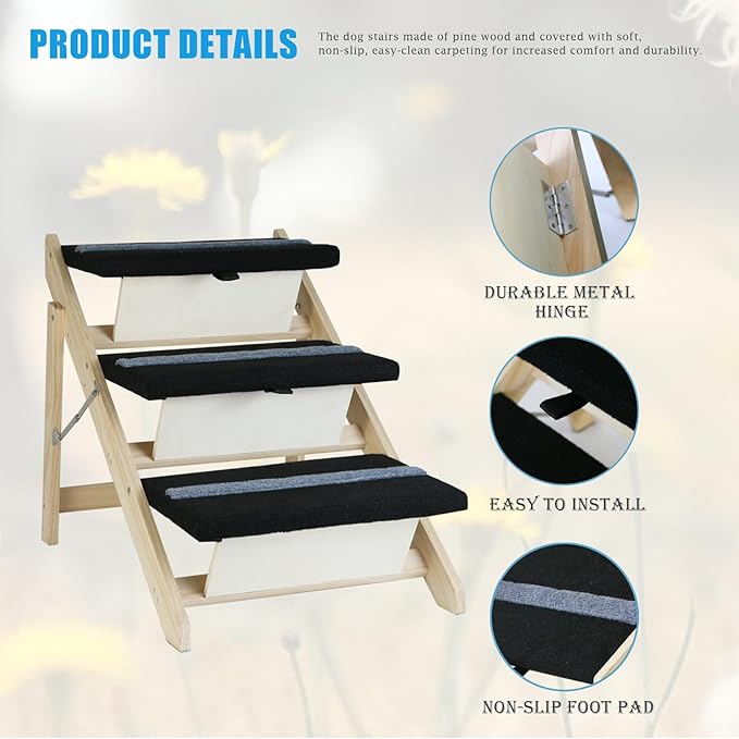2-in-1 Indoor Pet Ramp, Wooden Folding 3-Tier Pet Stairs with Non-Slip Carpeted Steps, Ramp Perfect for Bed and Couch