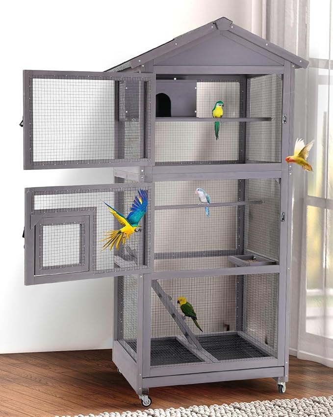 Large Bird Cage with Wheels - Wooden Aviary Large Mobile Bird House with Play Stand, Perches & Nest, Easy-Clean Mesh Design for Outdoor