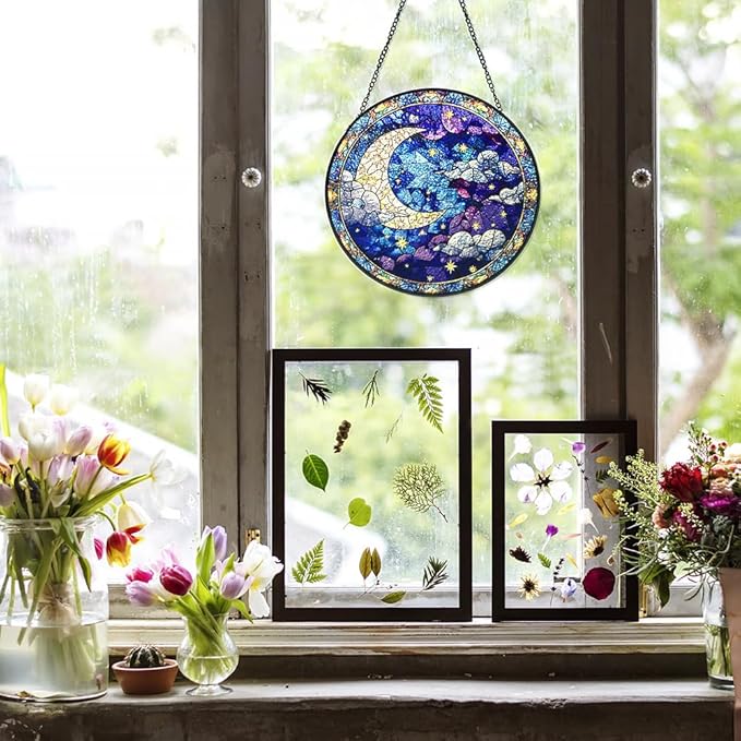 Moon Suncatcher Stained Glass Window Hanging Decor-Celestial Night Sky Design for Indoor Windows, Bedroom or Living Room, Unique Gift for Women, Housewarming, New Home and Spiritual Space Decoration