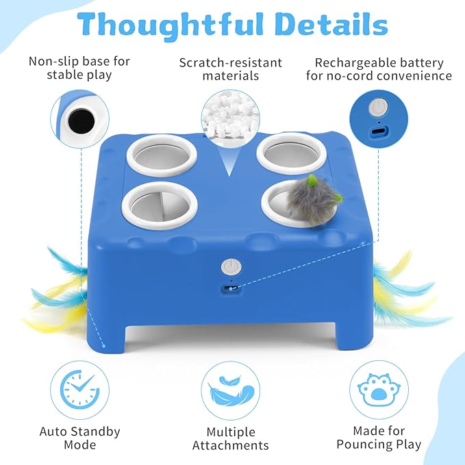 Interactive Cat Toy for Indoor Cats, 3 Modes Feathers Toy, Rechargeable 4 Holes Mole Cat Toys, Cheese Box for Kitten, 6 Accessories (Blue)