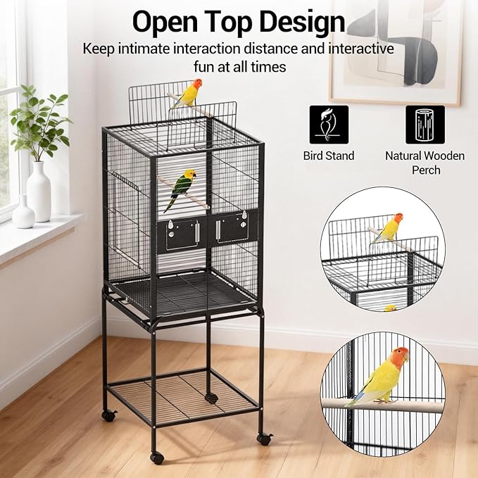 63 Inch Bird Flight Cage, Standing Wrought Iron Bird Cage with Rolling Stand, Wheels, Perches and Bird Feeder, Large Parrot Cage for Cockatiels, African Grey, Parakeets, Conures, Budgies, Lovebirds