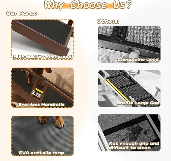 61" Dog Ramp for Bed,Birchwood Pet Ramp with Removable Side Rail and Non-Slip Surface, Pet Ramp for Small & Large Dogs with Rest Platform and DIY Glow Strips,Dog Stairs for Couch, Brown