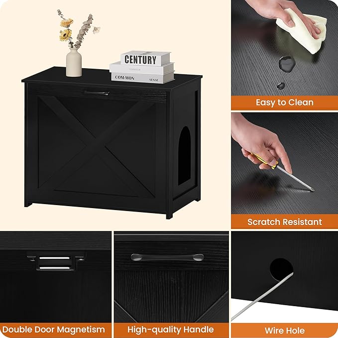 Dwanton Cat Litter Box Furniture Hidden, Cat Litter Box Enclosure, Reversible Entrance Can Be on Left or Right Side, Indoor Cabinet, Wooden Washroom, End Table, Nightstand, Black, 27.6" L