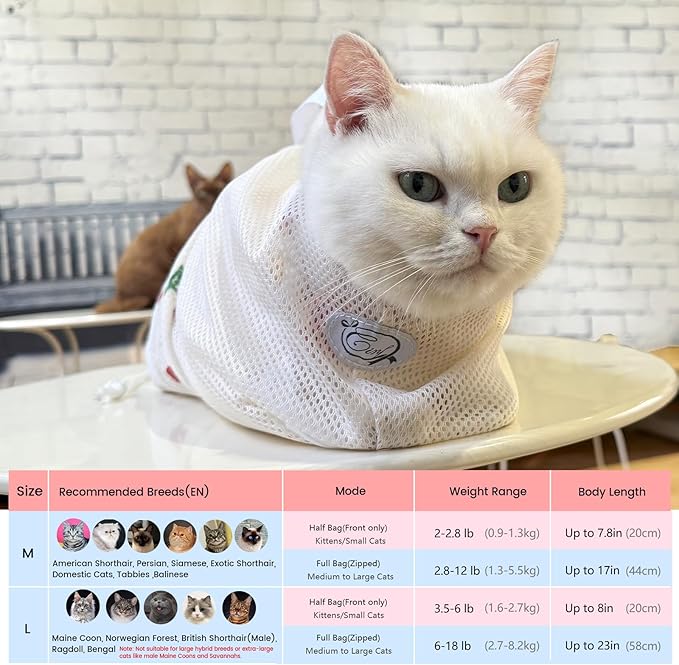Cinf Cat Bathing Bag, Breathable Mesh Anti Scratch Adjustable Cat Grooming Bag for Nail Trimming, Bathing Soft Cat Washing Bag(White&Cherry) M