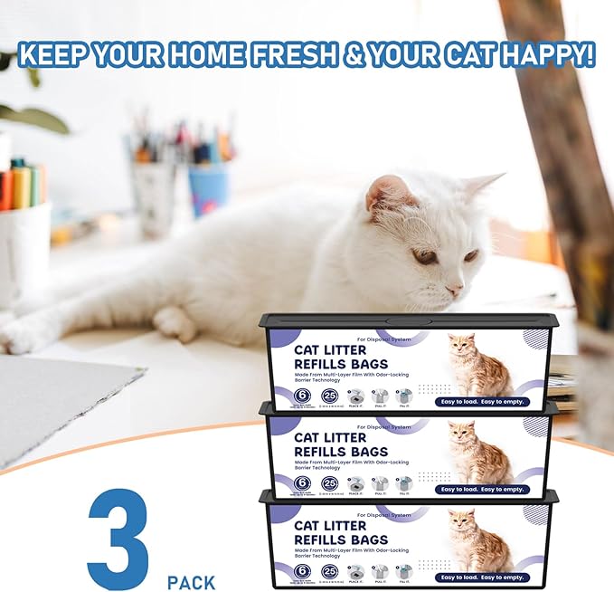 Cat Litter Easy Roll Refill Bags Cartridge Compatible with Litter Cat Genie Easy Roll Pail Refills, Odor Control, 3-Packs (75 Bags)