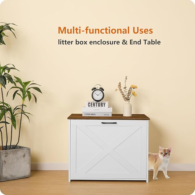 Dwanton Cat Litter Box Furniture Hidden, Cat Litter Box Enclosure, Reversible Entrance Can Be on Left or Right Side, Indoor Cabinet, Wooden Washroom, Nightstand, White and Warm Brown, 27.6" L