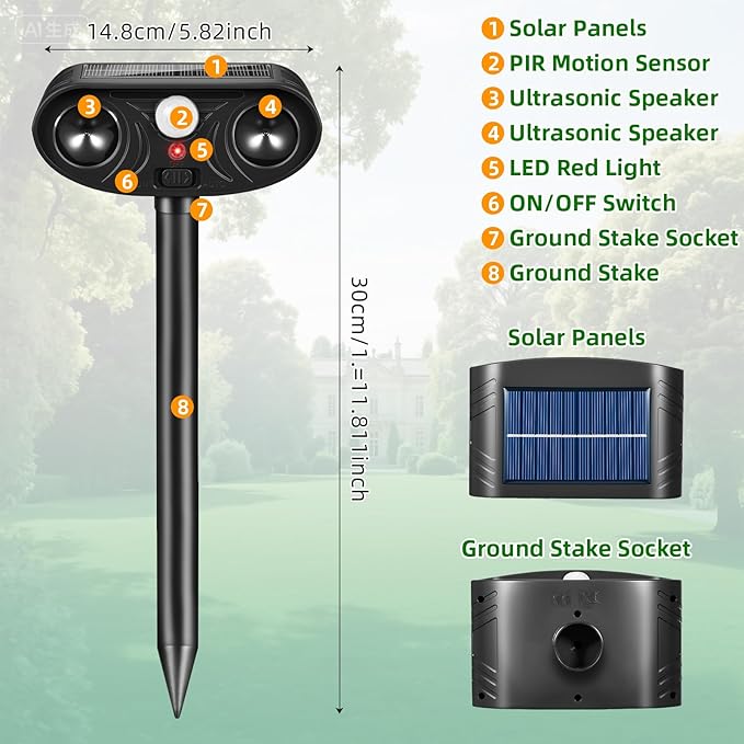 2026 Upgraded Solar Ultrasonic Animal Repellent Deer Repellent Devices Cat Deterrent Outdoor with Motion Sensor Dog Deterrent Keep Raccoon Squirrel Skunk Rabbit Away from Yard Lawn Garden 4 Pack