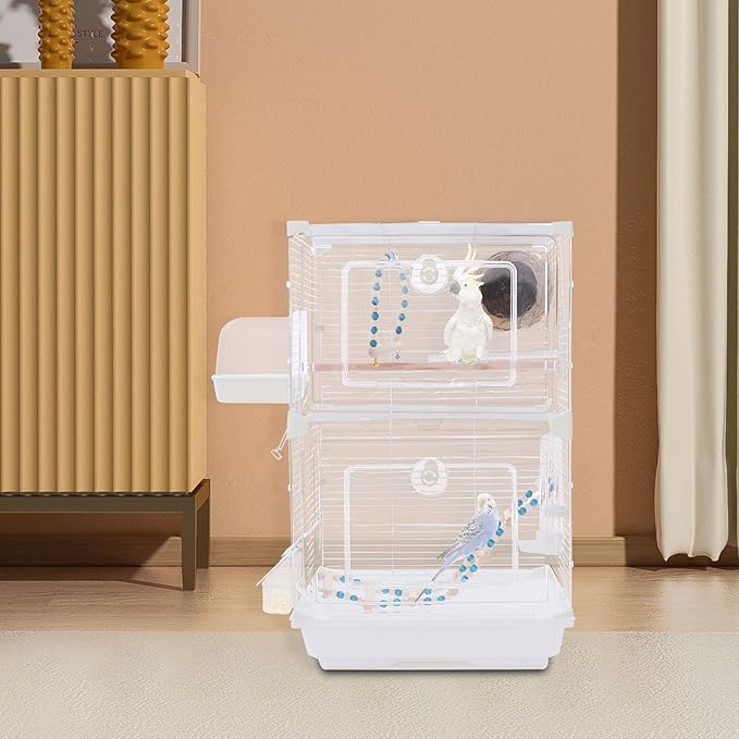 Two-Tier Bird Cage, 30 Inch Pigeons Parrot Birdcage with Safe Rotary Door Lock, White Parakeet Cage for Small to Medium Birds, Easy Access Double Doors. (F)