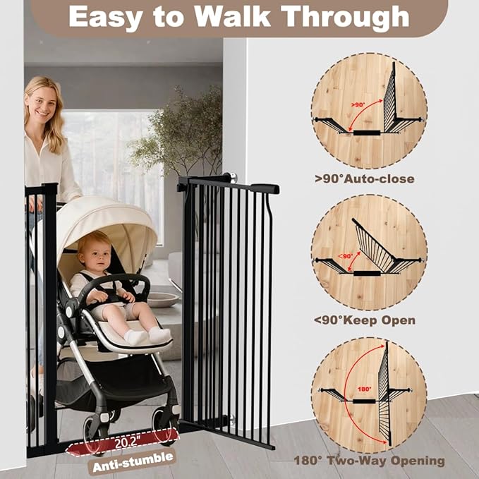 40.55" Walk Through Extra Tall Wide Baby Gates, 74.1"-76.7" Black Pressure Mounted Dog Gates