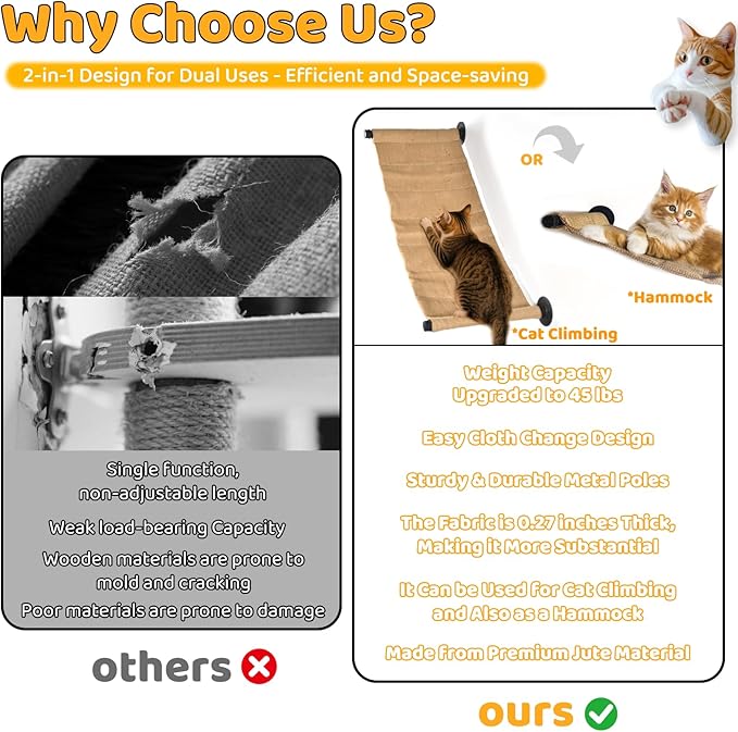 Cat Wall Shelves Scratcher Mat Scratcher 34.64 x 12.59 Inch, Climbable Burlap Scratch Pad for Cats Space-Saving & Playing, Climbing & Resting Stabilized Cat Wall Hammock Large Cats or Kittens